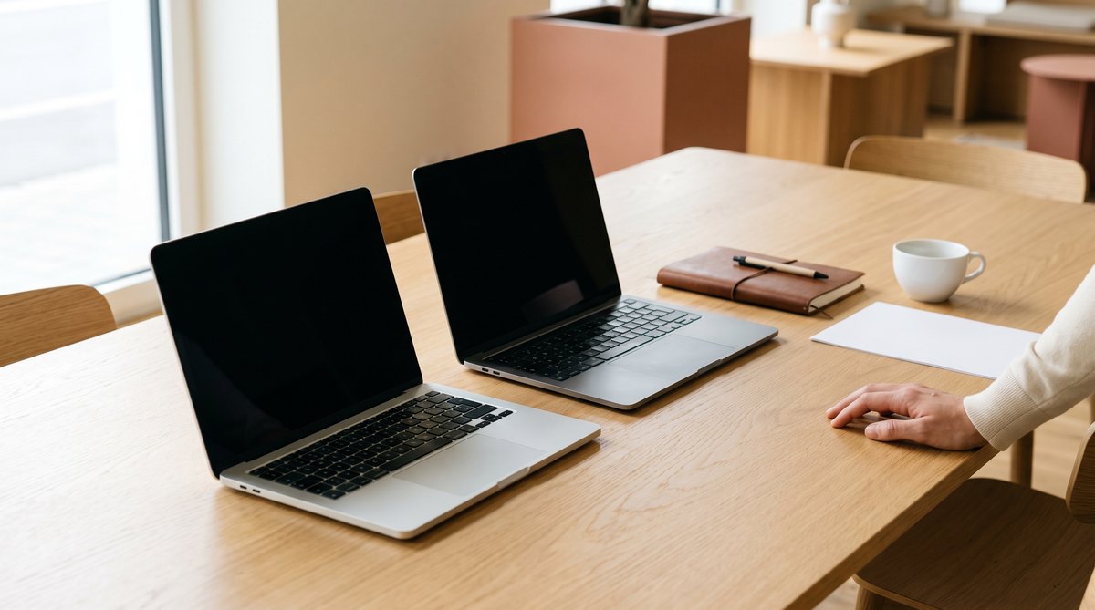 Besprechungstisch mit Laptops und Unterlagen in den Räumen der axantis AG