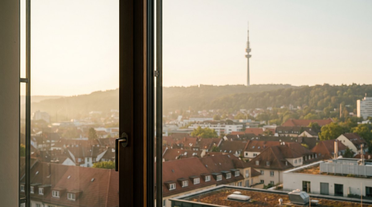 Blick über Stuttgart im Morgenlicht, im Hintergrund der Fernsehturm