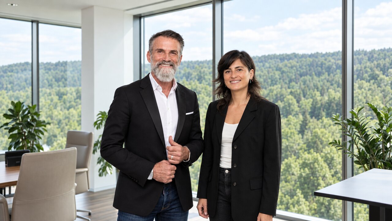 Zwei Ansprechpartner der axantis AG im hellen Büro, draußen Wald